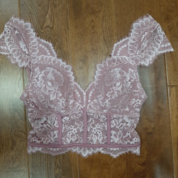 boho lace cap sleeve corset sheer back long line bralette top - Picture 1 of 12